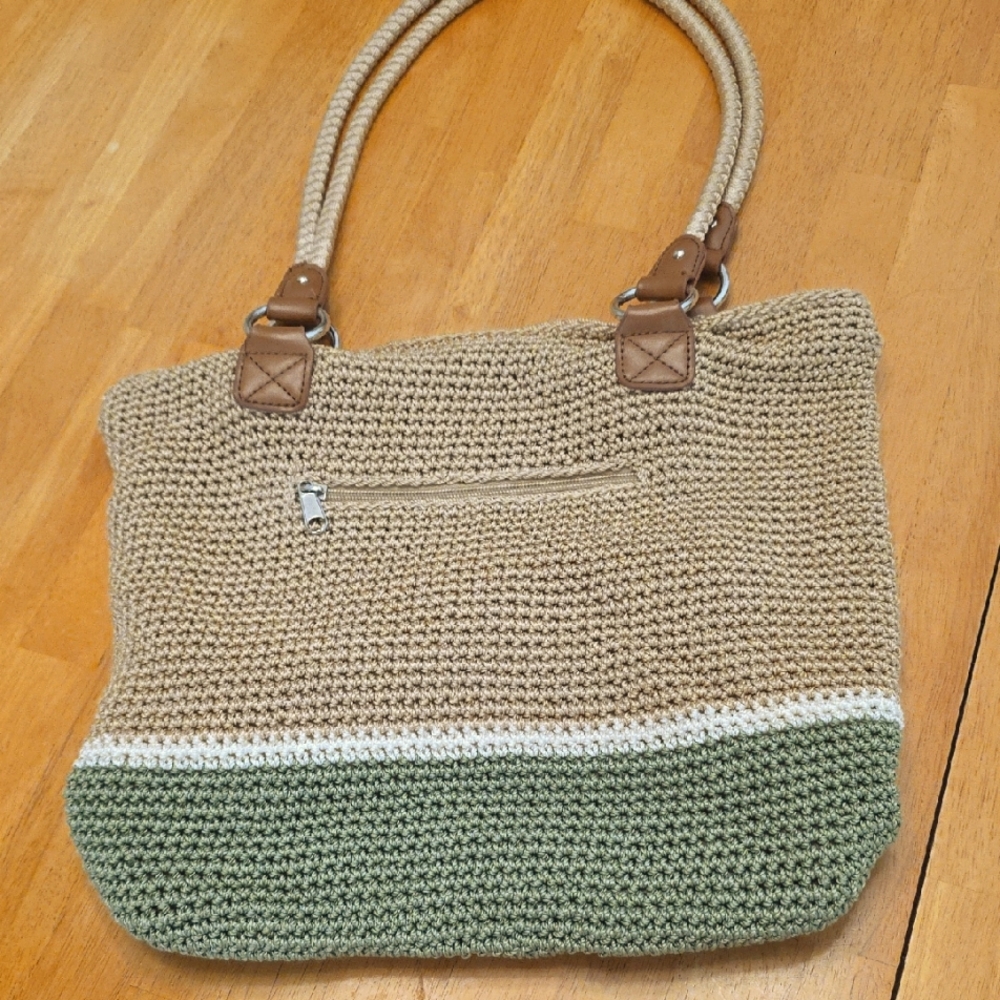 Stylish Tan and Green Crochet Tote Bag NWOT no Flaws Never Used